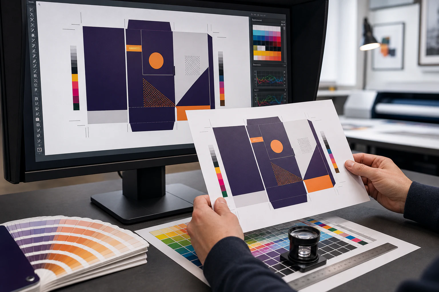 Designer comparing packaging artwork and a printed preflight proof