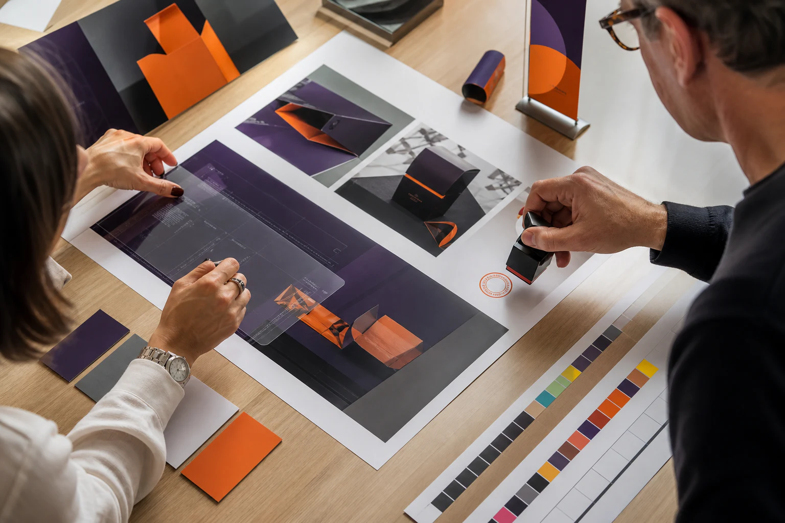 Client and print specialist reviewing a physical production proof